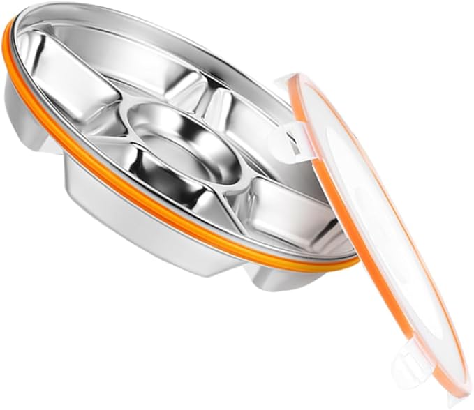 Divided Stainless Steel Serving Tray with Lid Six Compartment Fruit and Veggie Platter Easy Clean Snack Organizer for Family Meals Picnics and Office Lunches