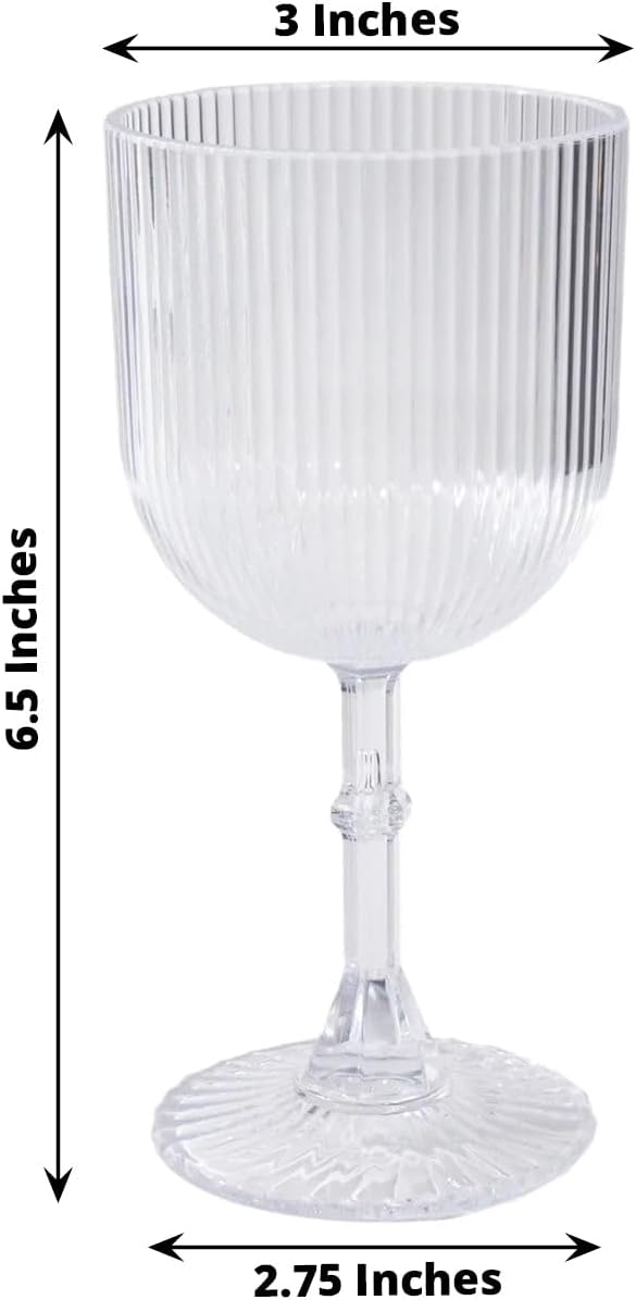 TCF Linen 12 Pack Clear Plastic Wine Goblets, 9oz Ribbed Reusable Shatterproof Drinkware for Weddings Parties Catering Cocktails and Desserts Cups