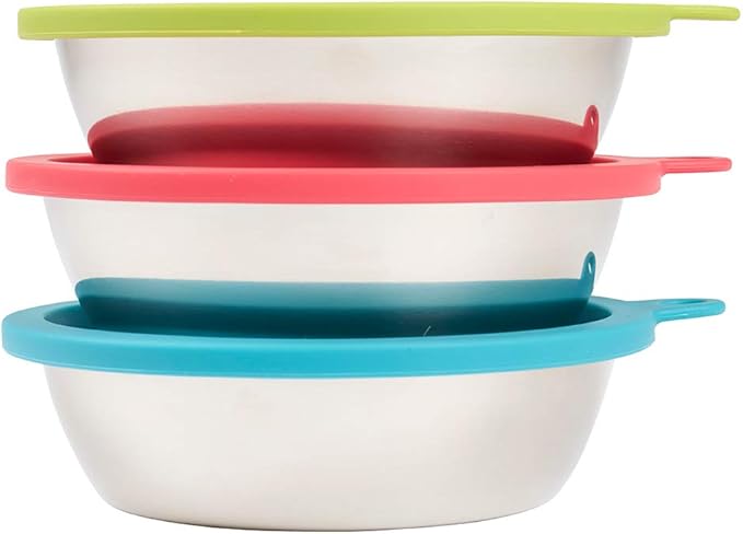 Messy Mutts 6-Piece Set | Three Stainless Steel Bowls and Three Colorful Silicone Lids | Sealable Travel Containers | Portable Food/Water Dishes for Pets | Extra-Large, 6 Cups