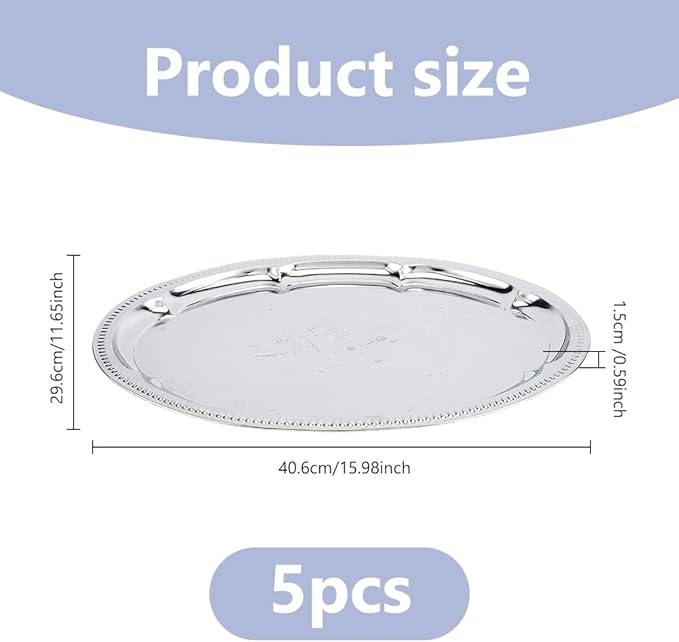 DICOSMETIC 5Pcs Large Silver Serving Trays Set 16x11.65x0.59 Inch Stainless Steel BBQ Grill Trays Oval Flower Engraved Tray Metal Serving Platter for Food Cookies Desserts Table Party Home