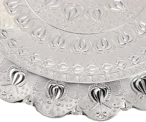 Jeanoko 1PCS 13.8" Serving Trays, Silver Metal Turkish Tea Coffee Serving Tray, Round Coffee Plate for Bar Outdoor Dresser Dessert