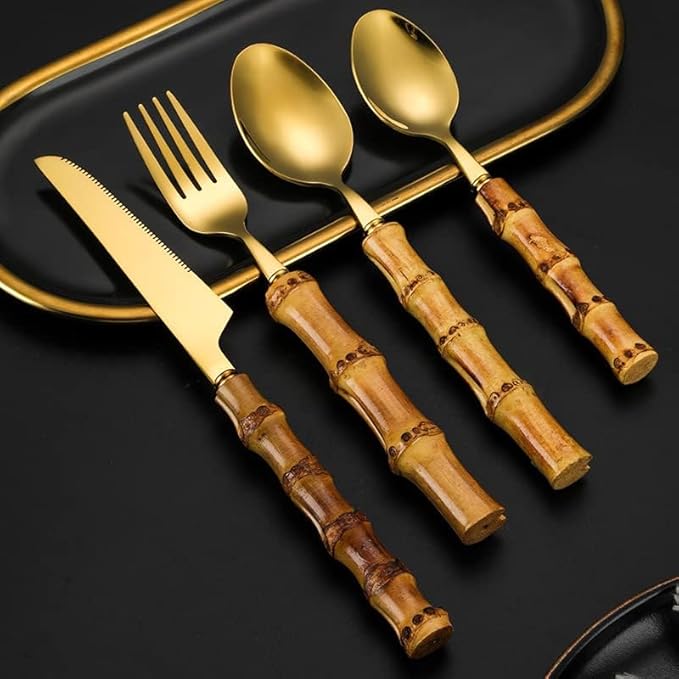 40-piece bamboo flatware cutlery set for 8, gold bamboo handle silverware set, 18/8 stainless steel cutlery set reusable with forks and spoons, dishwasher safe