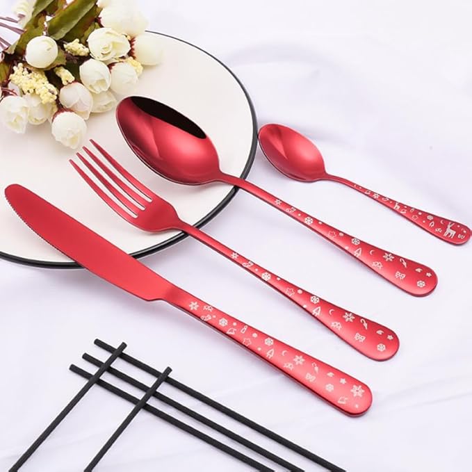 Hemoton 4Pcs Forks and Spoons Silverware Set Stainless Steel Christmas Utensils Heavy Duty Christmas Silverware Cutlery Set Includes Fork Spoon Knife
