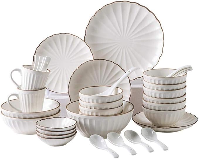 Elegant Pottery Tableware,35 Pieces Simplest White Ceramics Plates Bowls Combination Porcelain Petal Shape Combination Set