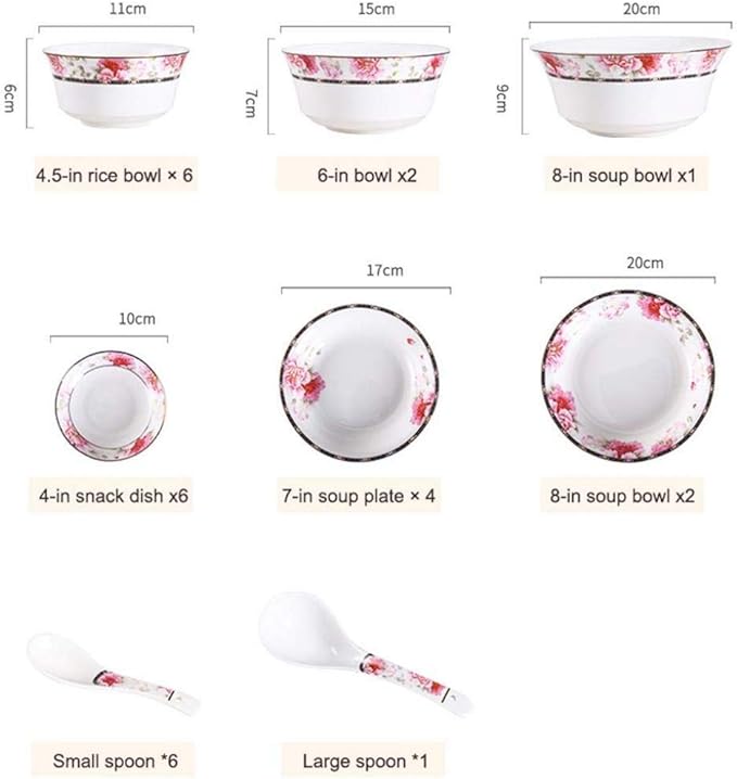 European Style Dinner Set 28 Pieces Dinnerware Bone China Tableware Set Ceramics Flower Pattern Dinner Sets Plates Bowls Combination for Family Party (White)