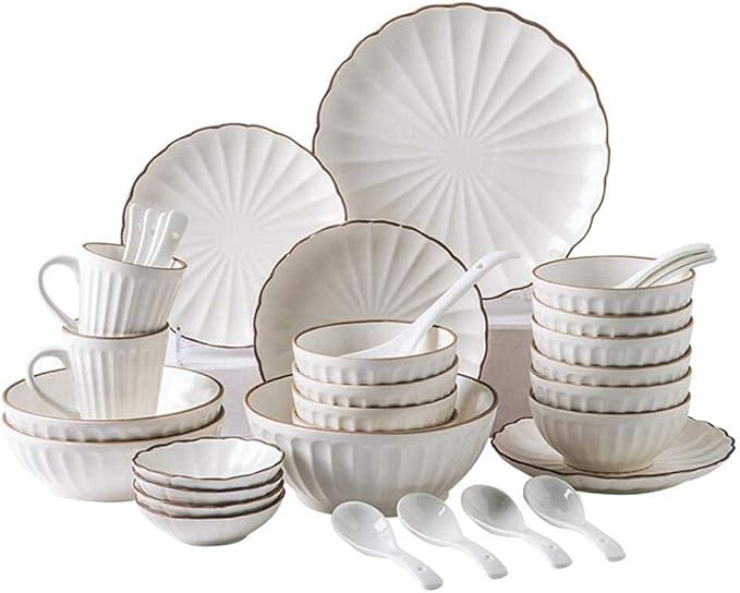 Ceramic Tableware Set, 35 Pieces Of Simple White Porcelain, Petal-shaped Plate And Bowl Combination, Home Banquet Tableware, Healthy And Durable Ceramic