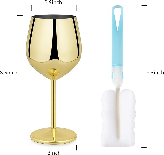 Lifecapido Stainless Steel Wine Glasses Set of 4, 18oz Stainless Steel Wine Goblets, Stemmed Metal Wine Glasses with Cup Brush for Party Office Wedding Anniversary, Great for Red White Wine (Gold)