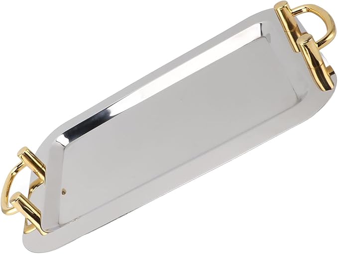 Stainless Steel Serving Plate, Elegant Mirror Finish Serving Tray Reusable Unbreakable Modern Kitchen Plates Golden with Handle for Hotel Restaurant Banquet (Rectangular (Length 18.7in))
