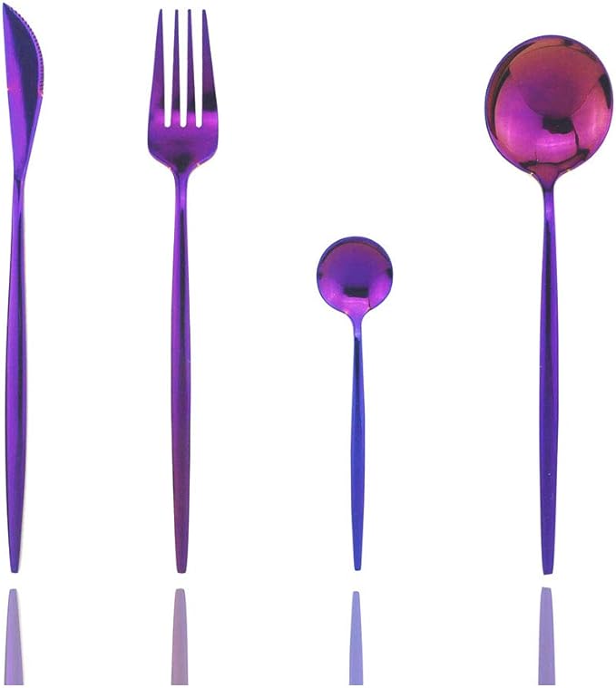 JASHII Silverware Sets, 4-Piece Stainless Steel Flatware/Cutlery/Tableware Set Service for 1 Person, Include Knife/Fork/Spoon, Mirror Polished (Purple)