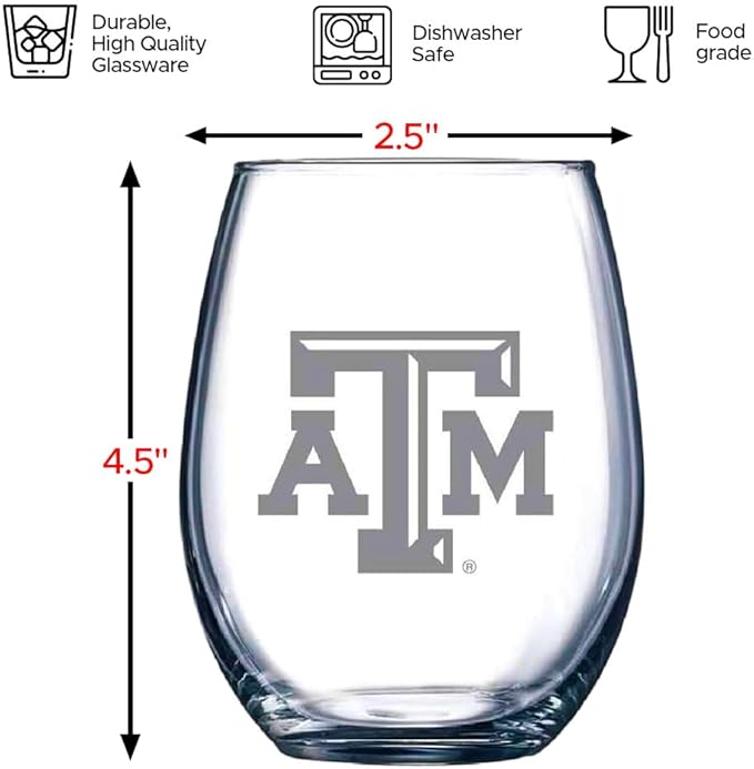 Texas A&M Aggies Satin Frost Stemless Wine Glass Set – Official Clear Glass with White Logo – Heavy-Duty Made in USA Drinkware – Dishwasher Safe – Set of Two, 15 oz