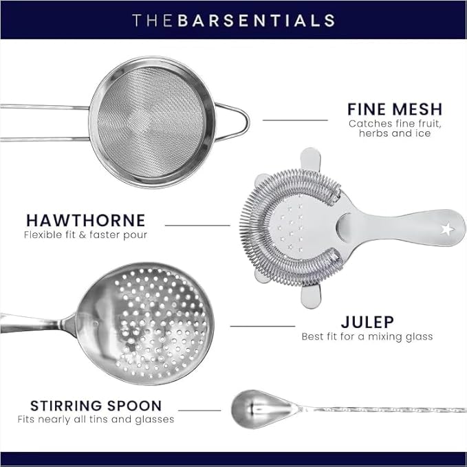 Homestia Cocktail Strainer Set – Bar tools Stainless Steel Includes Hawthorne Strainer, Julep & Fine Mesh Cocktail Strainers, Mixing Spoon – Drink Shaker Strainer for Bartending (5 Pieces, Silver)