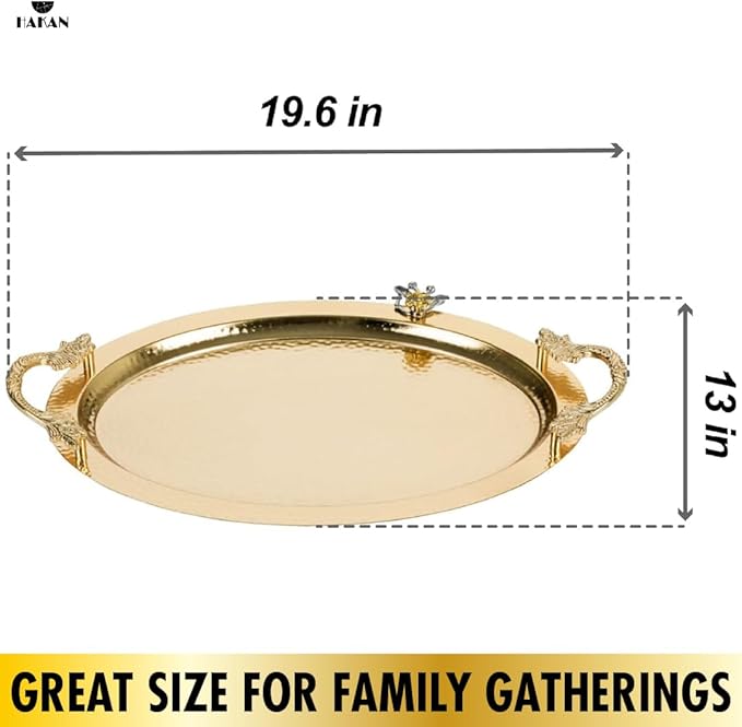 Ornamental Big Oval Gold Serving Tray with Leaf Handles, Anti Tarnish Serving Tray, Hammered Design Service Tray, Large, 19.6" x 13", Gold, Silver (Gold)