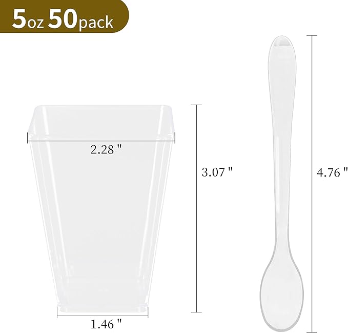 50 Pack 5oz Mini Dessert Cups with Soopns, Clear Square Dessert Bowls Small Plastic Yogurt Parfait Cups Appetizer Cup for Wedding Party