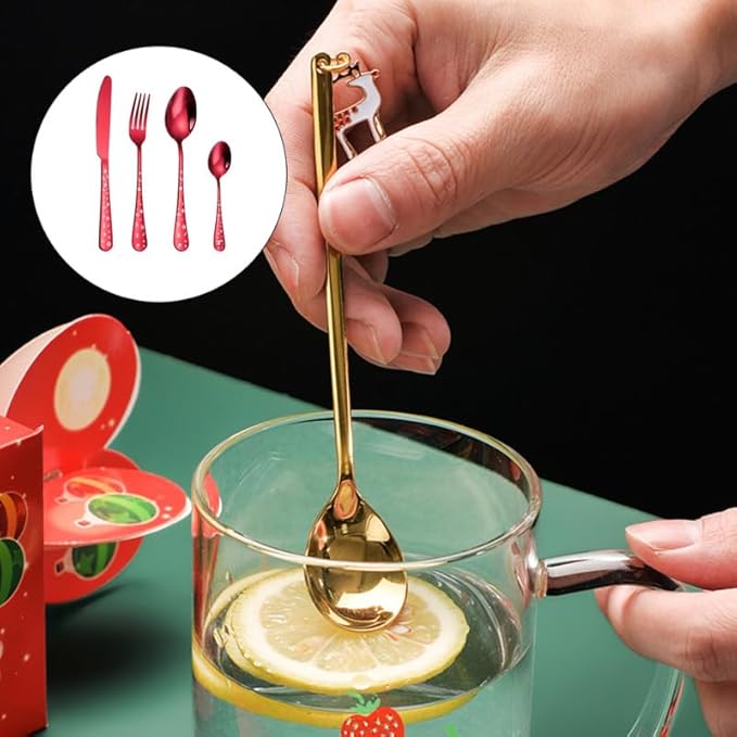 Hemoton 4Pcs Forks and Spoons Silverware Set Stainless Steel Christmas Utensils Heavy Duty Christmas Silverware Cutlery Set Includes Fork Spoon Knife