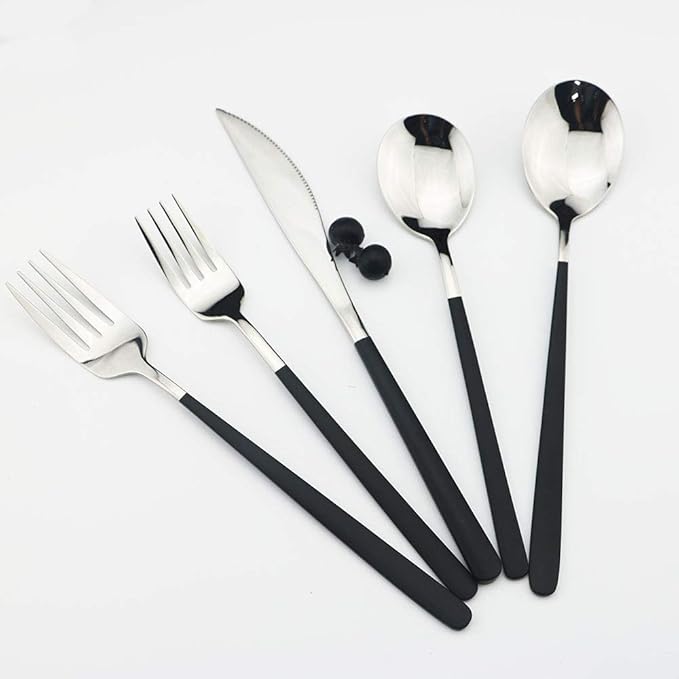 JASHII 20-Piece SUS304 Stainless Steel Flatware Set, Mirror Polished Black Silver Silverware Set Dinner Knife Fork Spoon Dessert Fork Salad Spoon Service for 4.(Black silver)