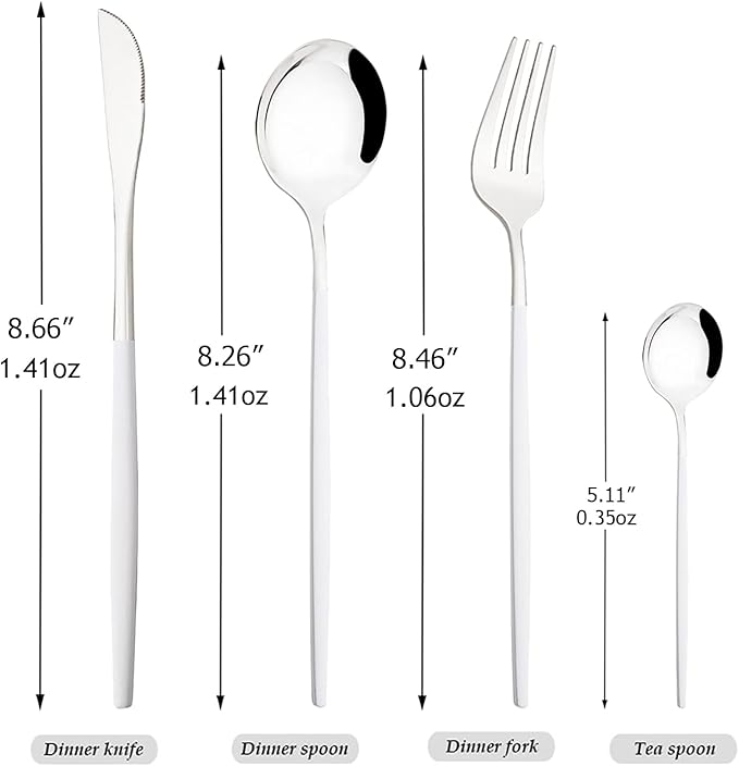 32 pcs Splicing Color handle Cutlery Set, Mirror Silver 18/0 Stainless Steel Flatware Set For 8, Metal Tableware Kitchen Utensils Include Dinner Knife/Fork/Spoon/Teaspoon, White Silver