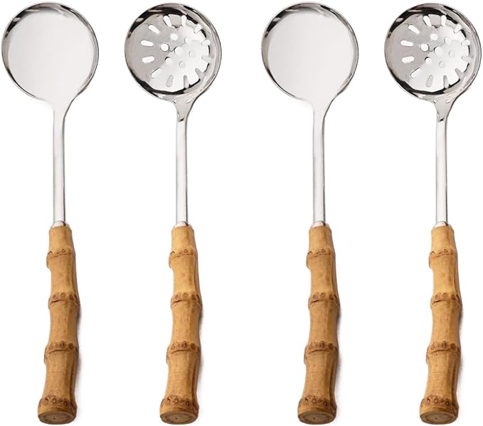 Gugrida Flatware Silverware Serving Set Silver Stainless Steel Hostess Serving Utensil Set with Bamboo Handle Dishwasher Safe, 2 Soup Spoon 2 Slotted Spoon