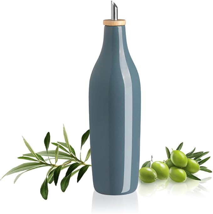 Sweejar Glossy Ceramic Olive Oil Dispenser Bottle with Spout, 17 Oz Oil Dispenser for Kitchen, Opaque Oil Cruet for EVOO, Vinegar, Avocado Oil Container for Cooking, Pack of 1 (Glossy Fog Blue)