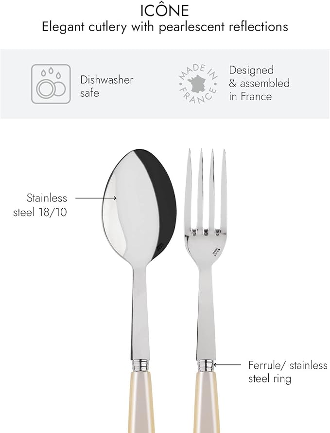 SABRE PARIS - 2-Piece Serving Set - Icône Collection - Large Fork & Large Spoon - Stainless Steel & Acrylic - Dishwasher Safe - Pearly White
