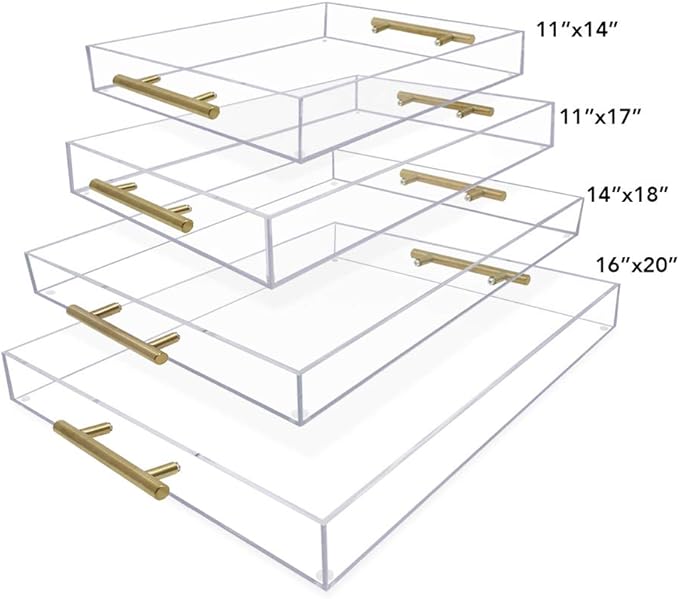 Isaac Jacobs Clear Acrylic Serving Tray (14x18) with Gold Metal Handles, Spill-Proof, Stackable Organizer, Food & Drinks Server, Indoors/Outdoors, Lucite Storage Décor (14x18, Clear with Gold Handle)