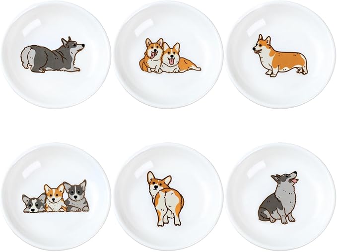 Cute Cartoon Animals Pattern Ceramic Sauce Dishes, Seasoning Dishes, Sushi Soy Dipping Bowls, Appetizer Plates, Dessert Plates, Little Cat Bird Feeding Bowls, Set of 6-Corgi-A-3.5 Inch