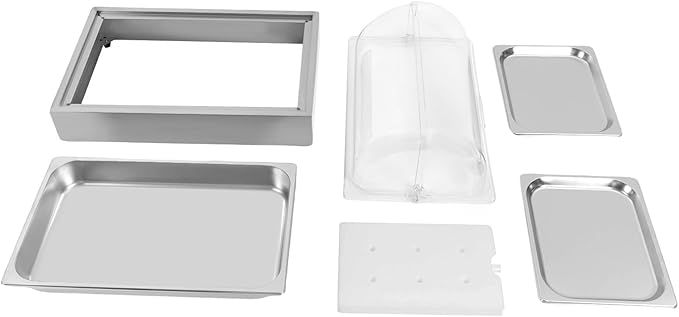 Ice Food Serving Display Tray for Parties, 3.17Qt Stainless Steel Cold Serving Cooler Platter with 2 Trays & Clear Roll Top Cover for Seafood Fruit Party Buffet (Silver)