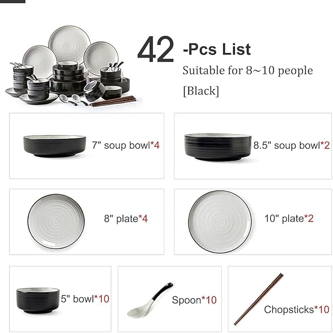 Classic Luxurious Porcelain Dinnerware Set,42 Piece Round Plates and Bowls Sets,Speckle Black and White,Service for 8~10,Dishes Sets/Ceramic Dinner Set,Black,