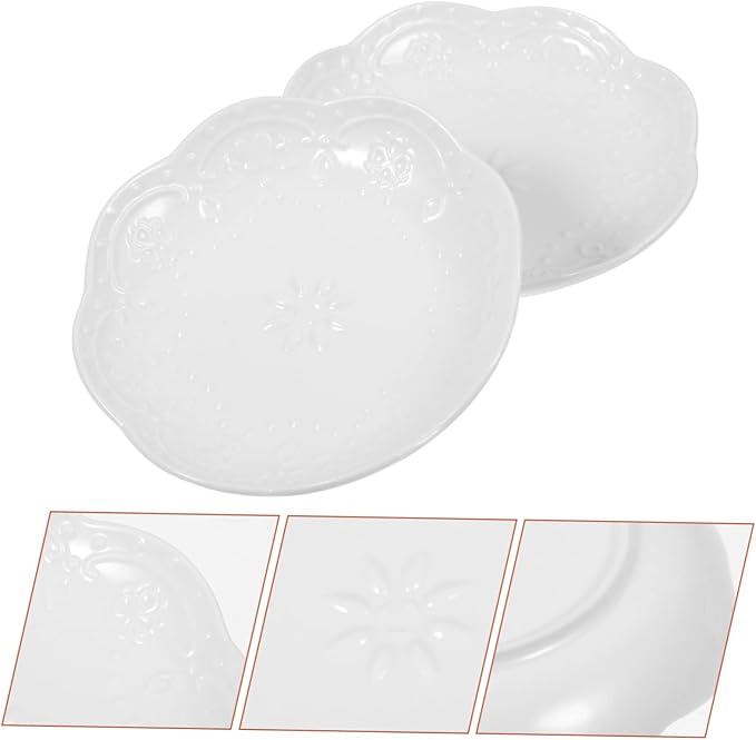 Ceramic Appetizer Plates Set of 2 White Flower Embossed Dipping Sauce Dishes for Snacks and Souffle Small Porcelain Serving Plates
