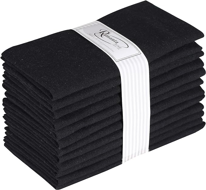 Ramanta Home Black Cotton Dinner Napkins Set of 12, 18x18 Inch 100% Cotton Cloth Napkins, Reusable Fabric Table Napkins for Everyday Dining, Parties, Weddings, Spring & Easter Table Décor Washable