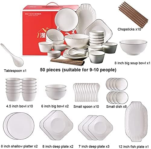 Table Service Crockery Set 50 Piece White Dinnerware Set,Ceramic Plates and Bowls Sets,High Temperature Firing