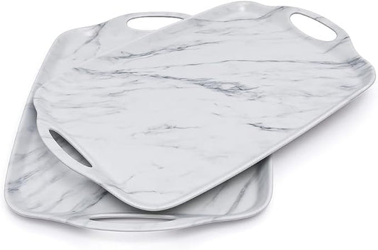 TP Large Serving Trays with Handles, 19" x 12" Melamine Serving Platters for Food, Turkey, Set of 2 Rectangular Trays for Party, White Marble