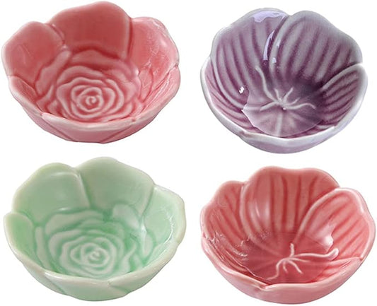 Dipping Sauce Dish Dipping Bowl Appetizer Plates 4 Oz Sauce Dish Set Rose Shape Ceramic Dipping Bowls Mini Condiment Dish Sushi Dipping Bowl Snack Serving Dishes Flower Porcelain Small Saucer(4 Set) D