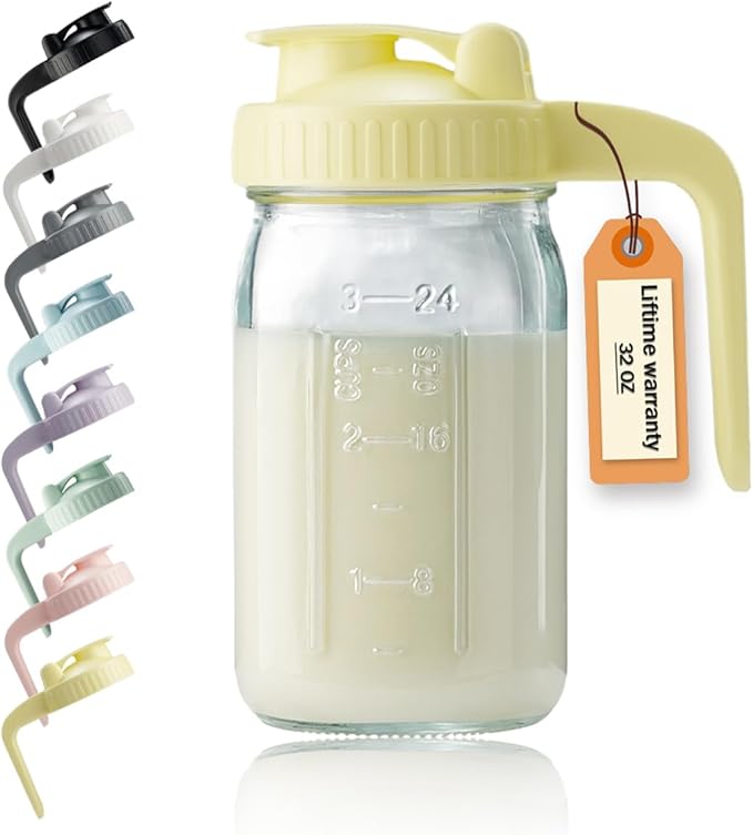 32oz Glass Pitcher with Lid & V-shaped Pour Spout - 1 Quart Breastmilk Pitcher Double Leak Proof, Creamer Container for Sun Tea, Juice, Cold Brew Coffee, Breastmilk Storage Container