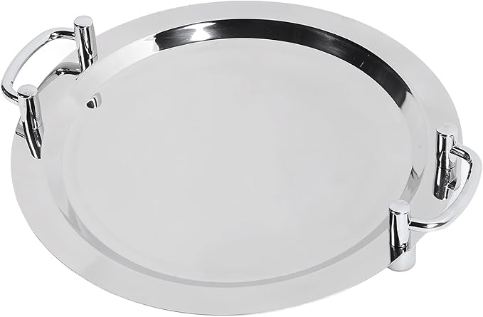 Stainless Steel Buffet Plate, Mirrored Silver Tray, Bright Mirror Finish Serving Tray with Handle for Hotel Restaurant Banquet (Square Length 43 cm) (Circular Diameter 40 cm)