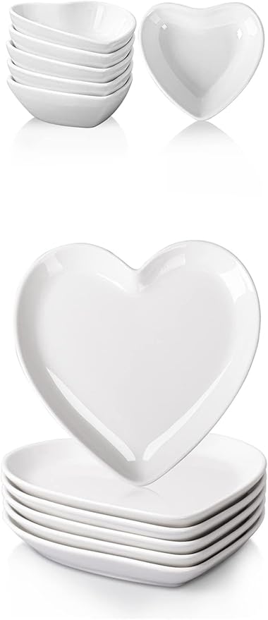 DELLING Heart Porcelain Dessert Salad Plates - White 7.3 Inch Appetizer Plates, Soy Sauce Dish Ceramic-Dipping Bowls Set