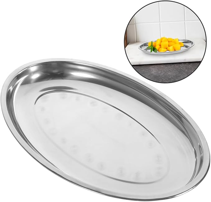 PRETYZOOM 2pcs Oval Pastry Plate Stainless Steel Serving Trays for Food Fruit and Breakfast Dishwasher Safe
