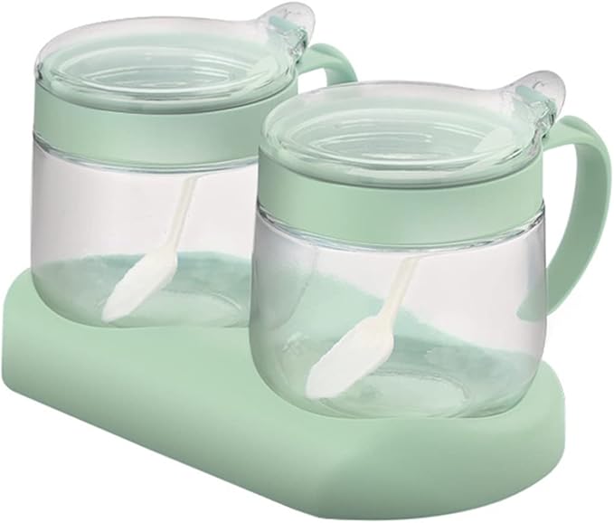 NAN Wind Glass Seasoning Box Set,12oz/350 ml Condiment Set With Lids and Spoon,Clear Glass Condiment Canisters,2Pack Scondiment Jar Set for Sugar Pepper for Kitchen Counter(Green)