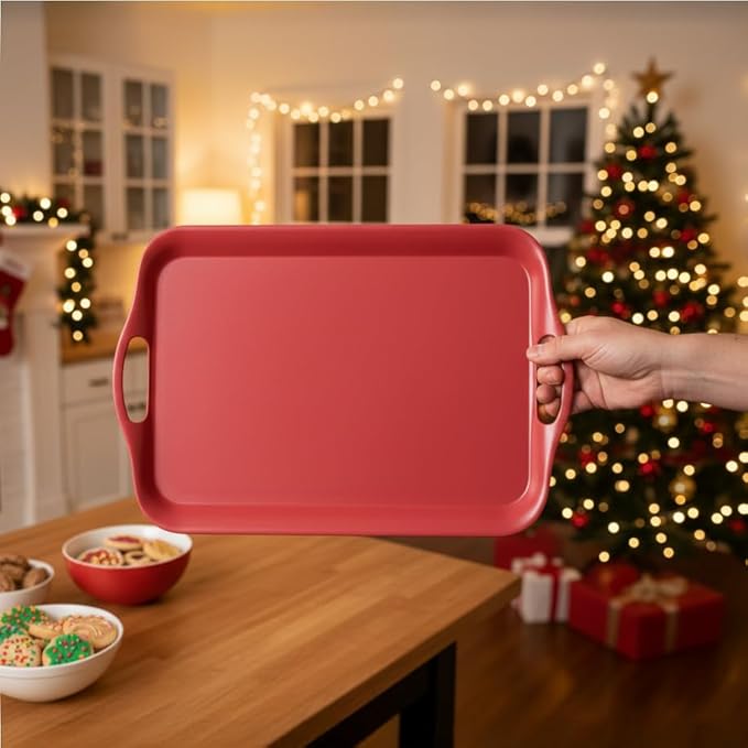 KINGEN 2-Pack Christmas Serving Trays -18×13-inch Large Tray, Vintage Velvet Red Platters for Holiday Buffets, BBQ, Party, Outdoor Serving - Santa's Christmas Decor (Bamboo Fiber, Red)