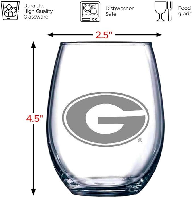 Georgia Bulldogs Satin Frost Stemless Wine Glass Set – Official Clear Glass with White Logo – Heavy-Duty Made in USA Drinkware – Dishwasher Safe – Set of Two, 15 oz