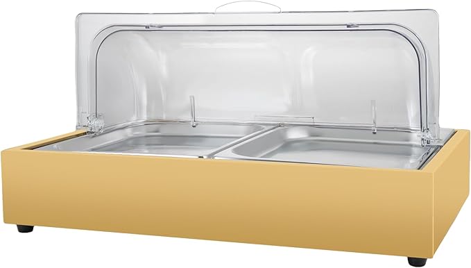 Ice Food Serving Display Tray for Parties, 3.17Qt Stainless Steel Cold Serving Cooler Platter with 2 Trays & Clear Roll Top Cover for Seafood Fruit Party Buffet (Gold)