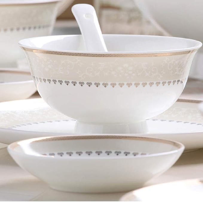 60 Heads ceramic tableware Dish Rice Bowl Salad Noodles Bowl Plate Dinnerware Sets Kitchen Soup Pot AshtrayTableware-WHITE