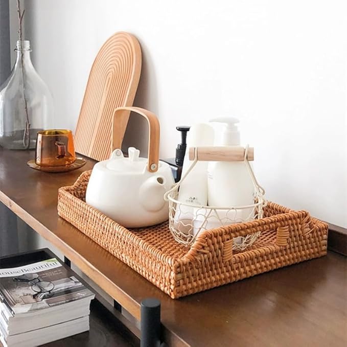 Rattan Serving Tray with Handles, Rectangular Wicker Basket Tray, Hand Woven Flat Basket for Coffee Table Dinning Room Bathroom (17 x 11.4 x 1.8 inch)
