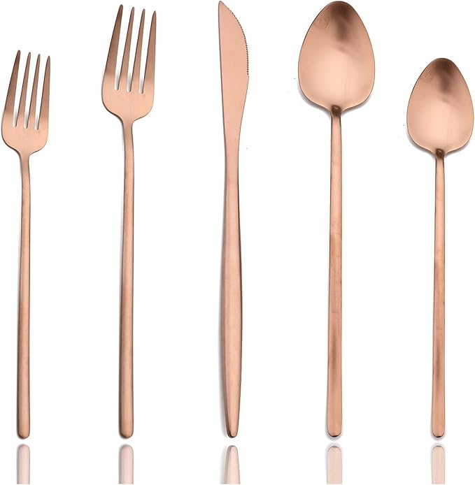 JASHII Modern Silverware Set - 20 Pieces Cutlery Set Matte Rose Gold - Brushed 304 Stainless Steel Flatware Set - Narrow and Long Handle - for Home Dinner and Restaurant