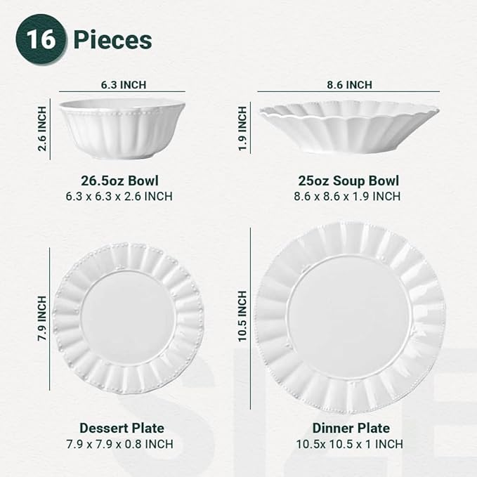HOMBENE Plates and Bowls Sets, 16 Piece Dinnerware Sets, Porcelain Dinner Set with Plates and Bowls, Ceramic tableware, Modern Bone China Dish Set for 4, Wavy Pattern