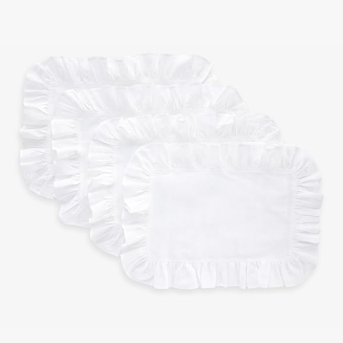 Solino Home Linen Placemats Set of 4-100% Pure Linen White Placemats 14 x 19 Inch for Christmas, New Year - Gabrielle Ruffle, Handcrafted and Machine Washable
