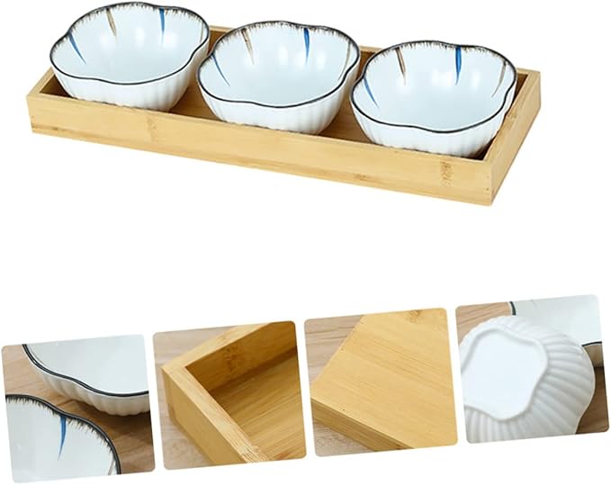 1Set Japanese Style Snack Plate with Wooden Tray Ceramic Small Plates for Side Dishes Desserts Appetizers and Condiments Food-safe Material for Home and Restaurant Use