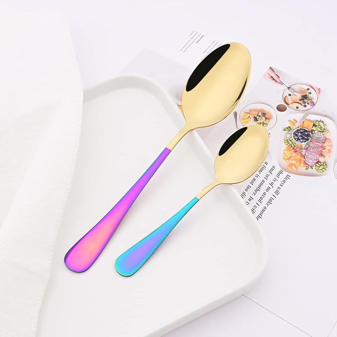 6 Pieces Dinner Spoons Set - Stainless Steel Soup Spoons Cutlery Set - 8.2 Inch Table Spoons for Home Kitchen Restaurant - Mirror Finish - Dishwasher Safe (Gold and Rainbow)