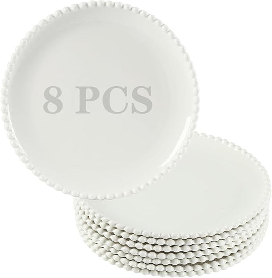 TAMAYKIM 10.5 Inch Porcelain Dinner Plates, Pasta Steak Salad Plates, Round Shape Serving Dinnerware Sets, Scratch Resistant, Microwave, Oven, and Dishwasher Safe, White with Pearl Dots, Set of 8