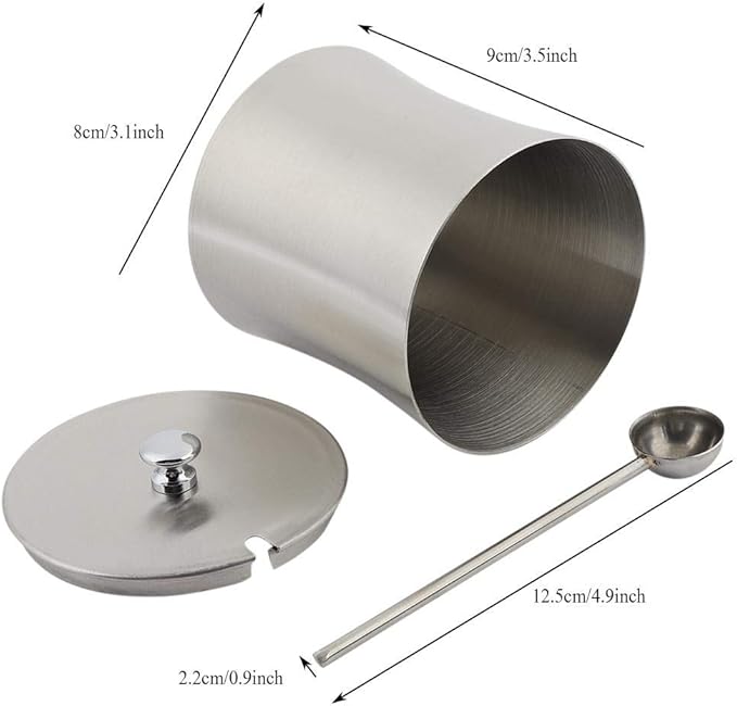 Stainless Steel Sugar Bowl with Lid & Spoon, 400ml 13.5oz Seasoning Pot for Salt, Pepper, Spices, Condiments, Rustproof Condiment Jar with Non-Slip Base, Ideal for Home, Kitchen, Restaurant
