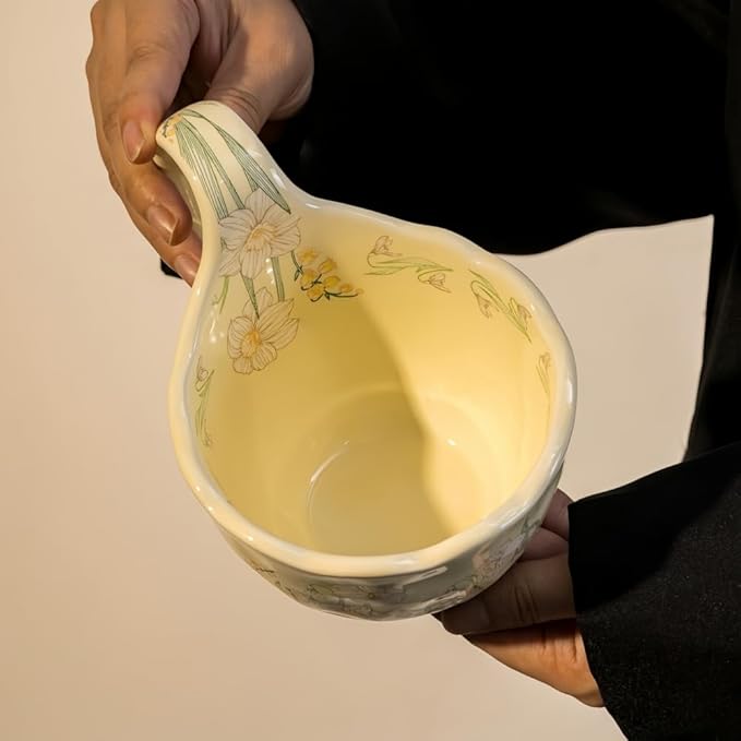 16.91oz/500ml Handpainted Soup Bowl with Handle,Ceramic Cereal Bowl Microwave & Dishwasher Safe,Loop Handle Bowl Great for Soup,Yogurt,Snack,Chip,Stew,Ice Cream,Coffee (Cosmos Flower)